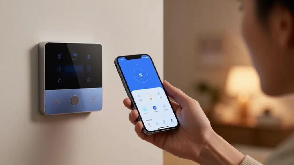 Mano sosteniendo un smartphone que muestra una aplicación de seguridad para controlar el hogar.