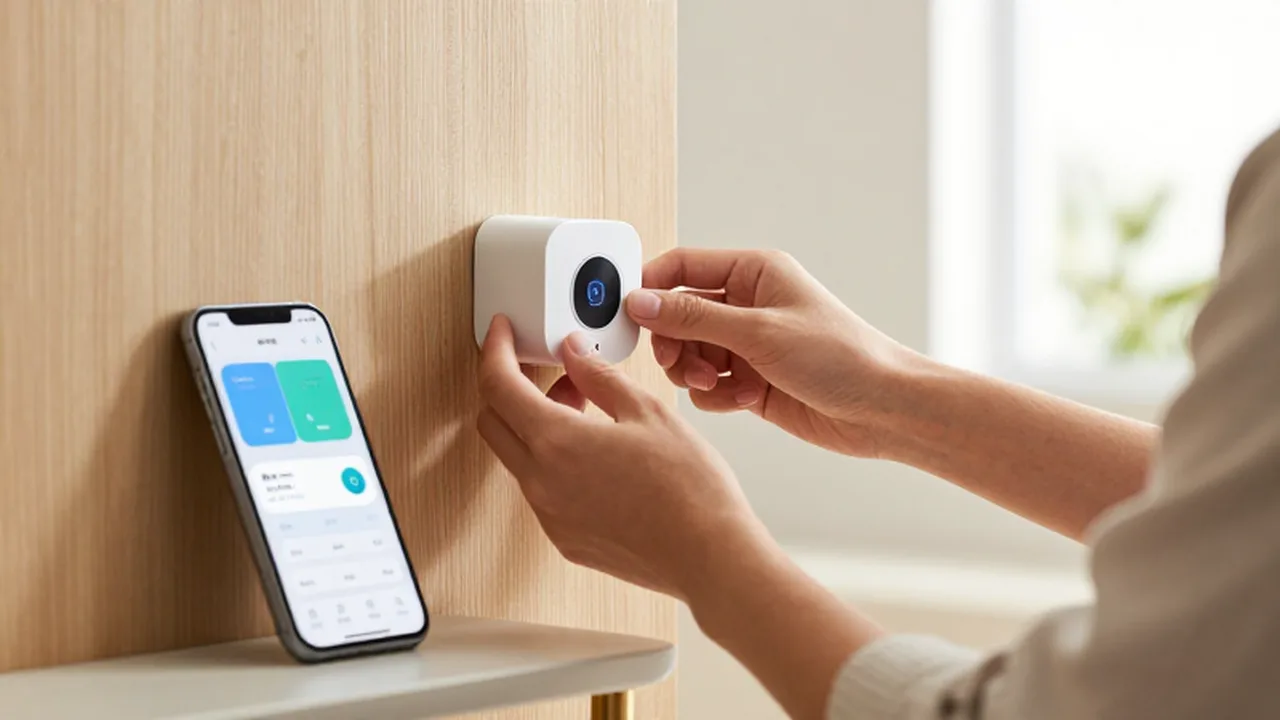 Manos instalando un sensor de movimiento blanco en una pared de madera junto a un teléfono móvil.