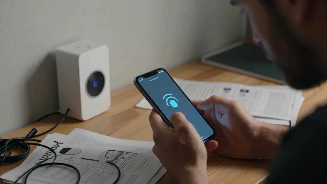 Mano sosteniendo un smartphone con un error de conexión junto a un sensor inteligente.