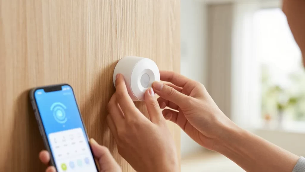 Manos instalando un sensor de movimiento inteligente en una pared de madera junto a un móvil.