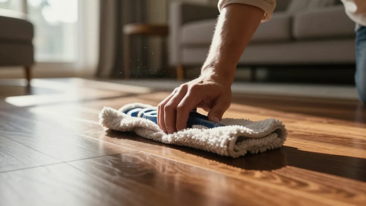 Manos limpiando un suelo de madera de roble oscuro con una mopa de microfibra bajo la luz del sol.