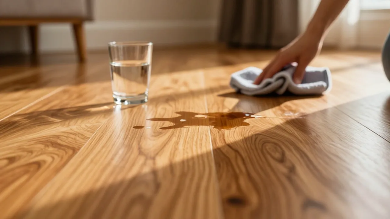 Agua derramada sobre un suelo de madera de roble bajo la luz del sol.
