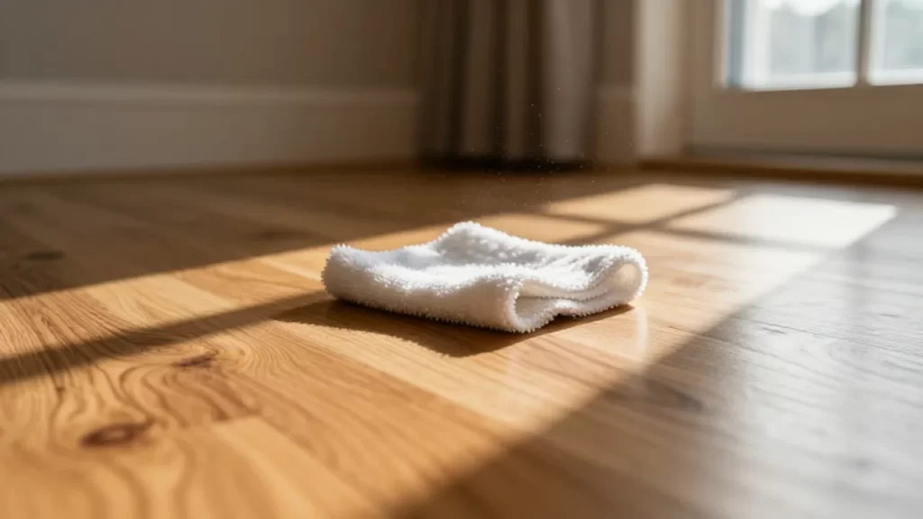 Paño de microfibra sobre un suelo de madera de roble iluminado por la luz solar.