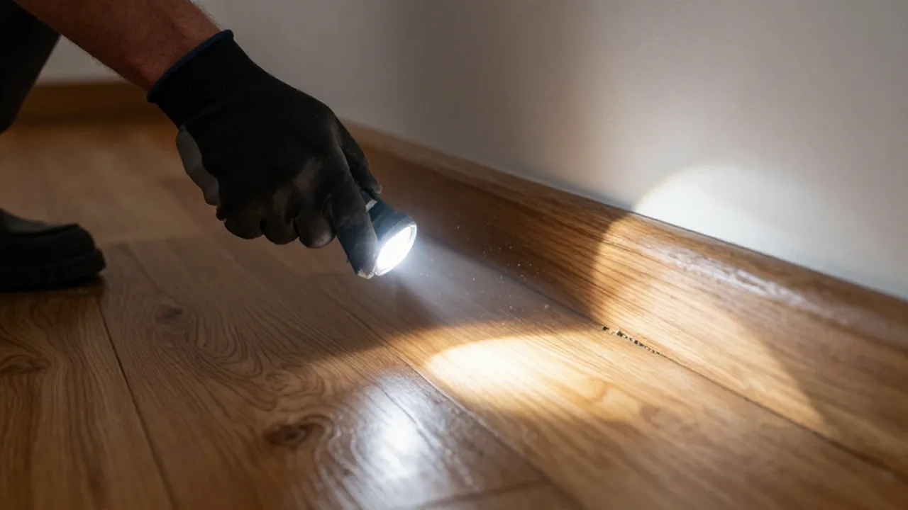 Una persona con guante inspecciona la unión de un suelo de madera y el rodapié con una linterna.