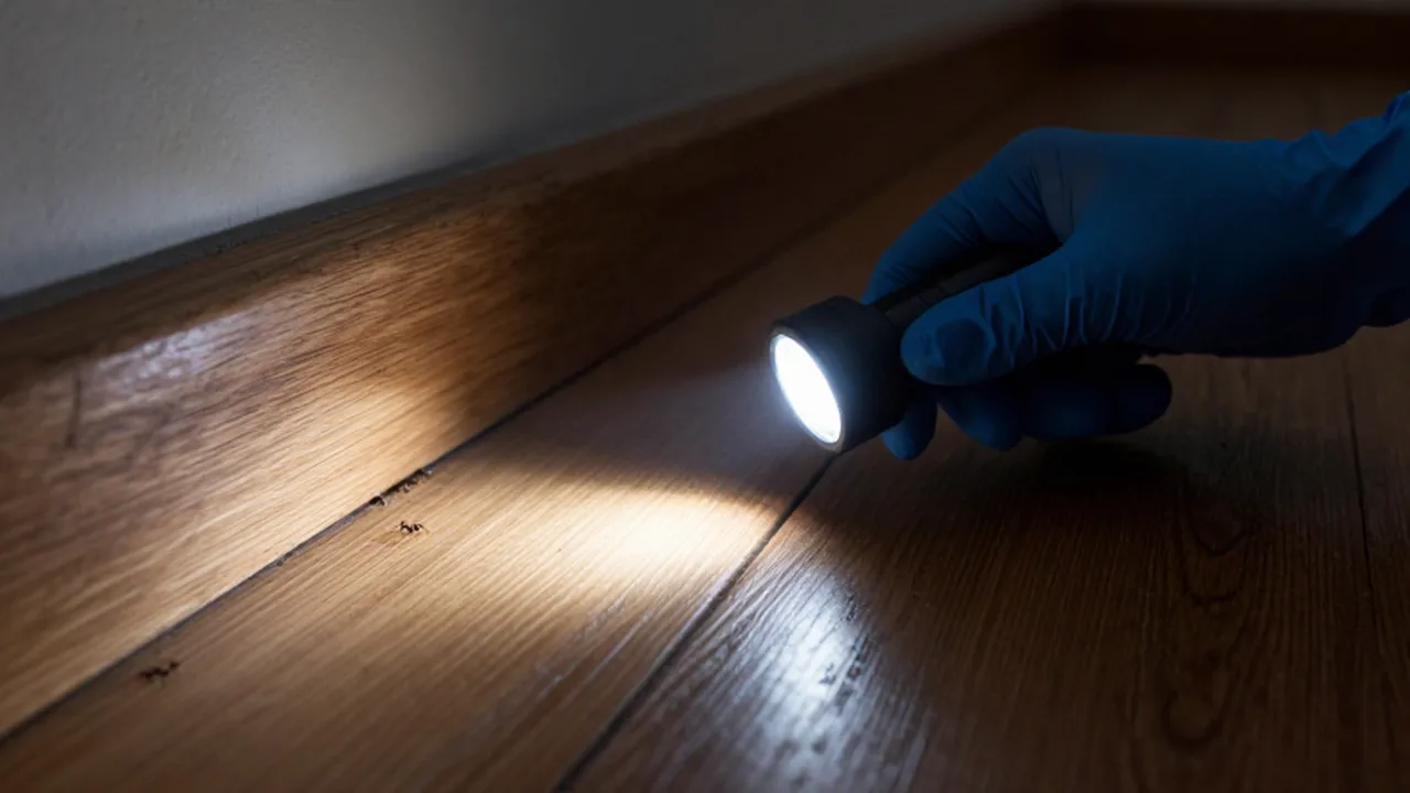 Una mano con guante azul ilumina con una linterna pequeñas hormigas en una grieta de madera.
