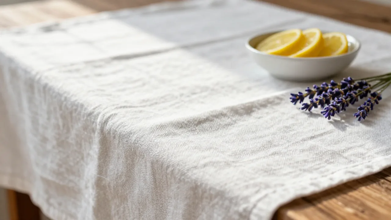 Mantel de lino blanco sobre una mesa de madera con rodajas de limón y lavanda.