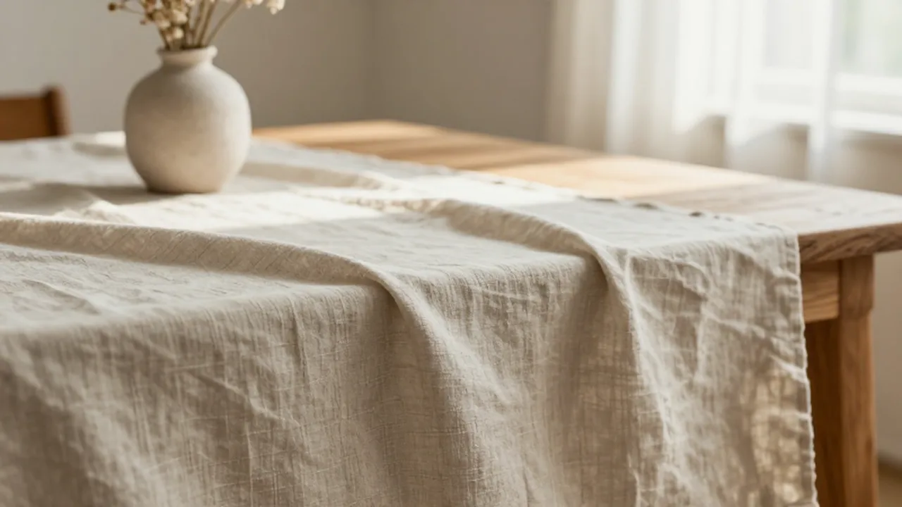Mantel de lino beige sobre una mesa de madera rústica con luz natural suave.