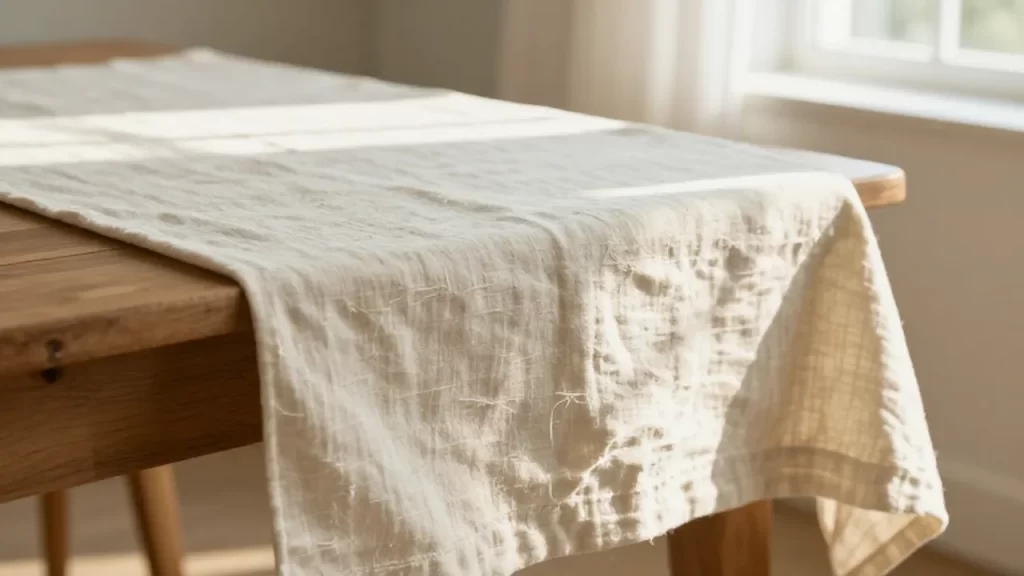 Mantel de lino color crema sobre una mesa de madera rústica bajo la luz del sol.
