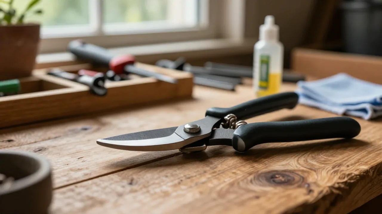 Tijeras de podar metálicas sobre un banco de madera junto a un aceite lubricante.