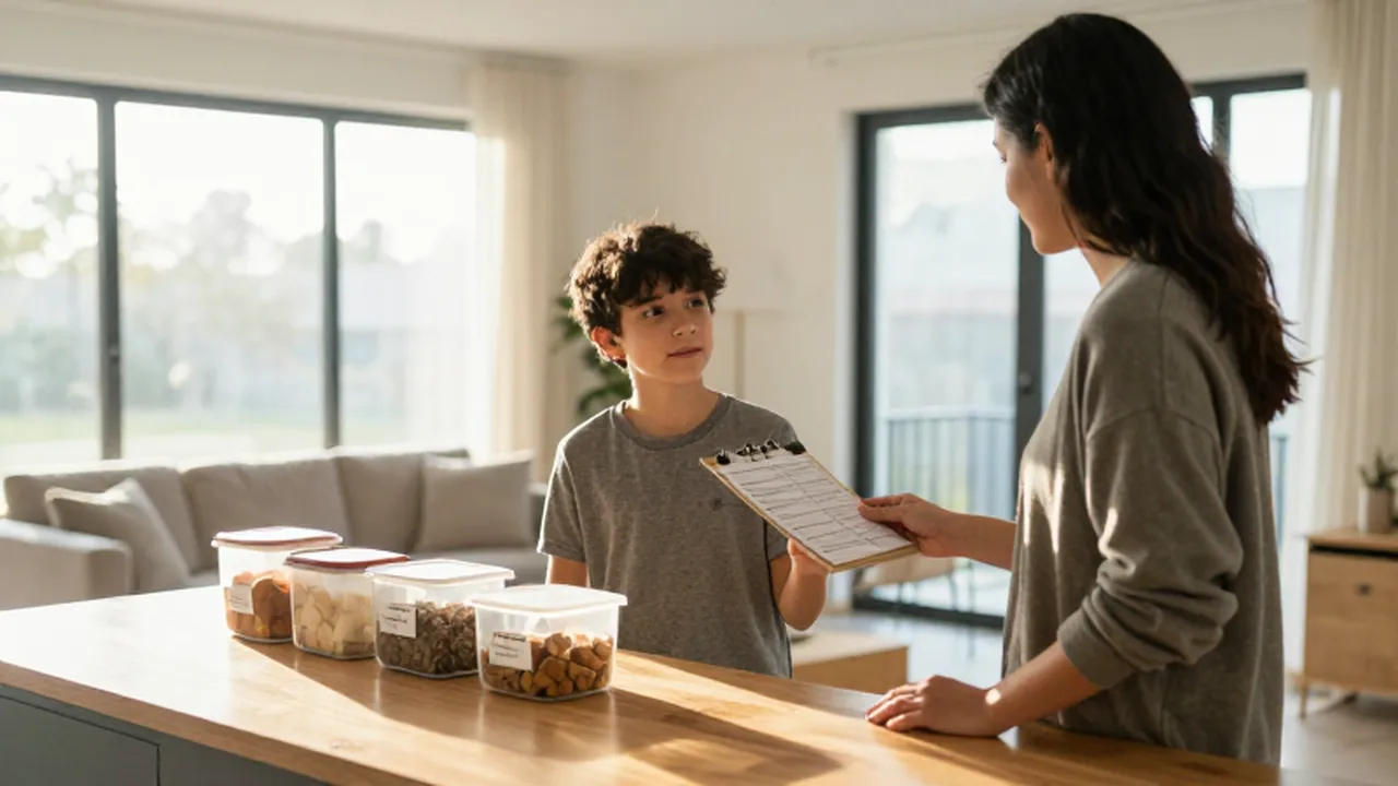 Una persona entrega una lista de tareas a un adolescente en una cocina luminosa y organizada.