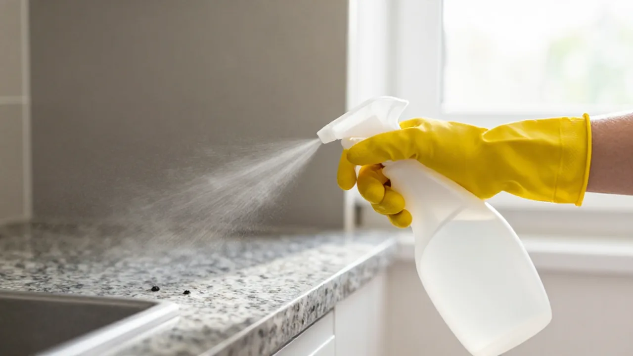 Persona con guantes amarillos aplicando desinfectante con un pulverizador en la encimera de una cocina.