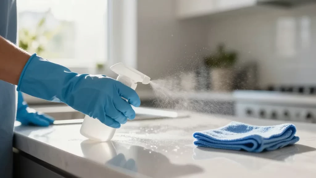 Persona con guantes azules desinfectando una encimera de cocina con un spray pulverizador.