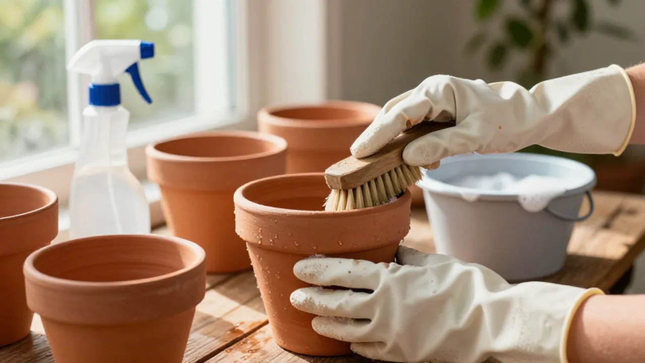 Manos con guantes de goma lavan macetas de terracota con un cepillo sobre un banco de madera.