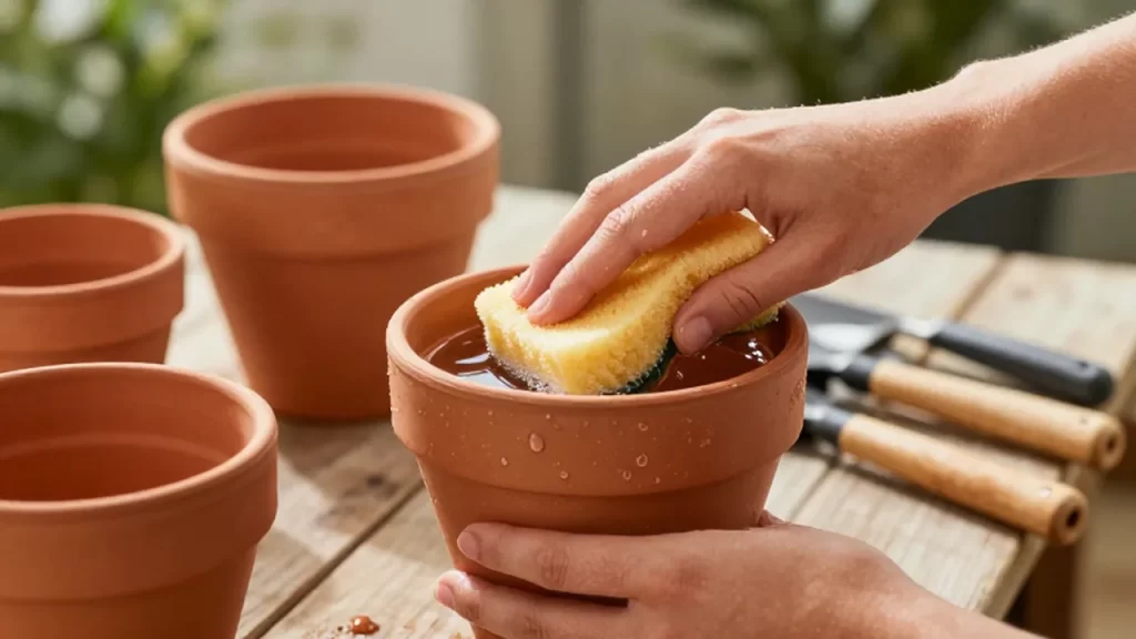 Manos limpiando una maceta de terracota con una esponja y agua jabonosa en un banco de jardín.