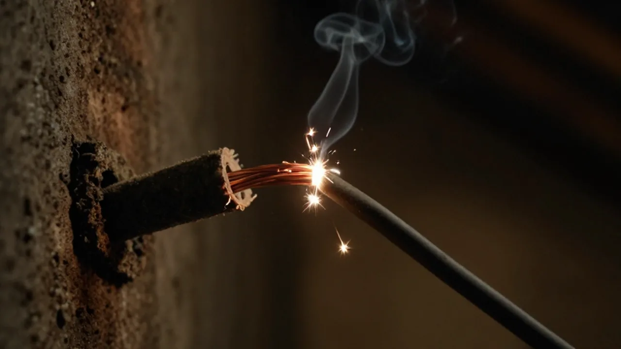 Cable eléctrico deshilachado con chispas y humo en un rincón oscuro de un desván.