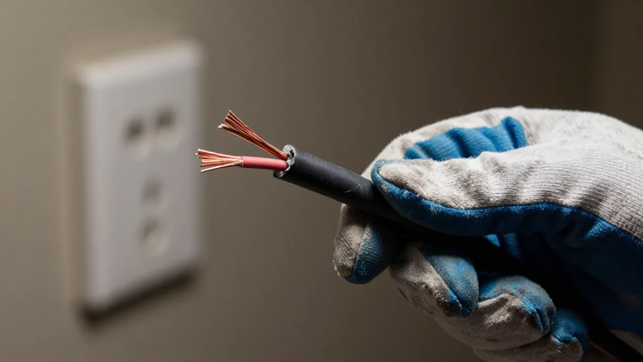 Una mano con guante de protección inspecciona un cable eléctrico con la cubierta dañada y cables de cobre expuestos.