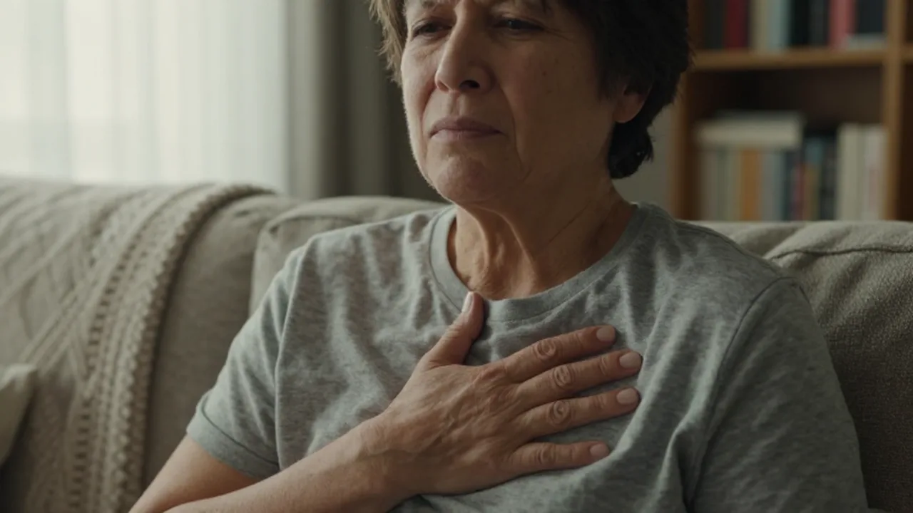 Persona de mediana edad sentada en un sofá con expresión de malestar y la mano en el pecho.