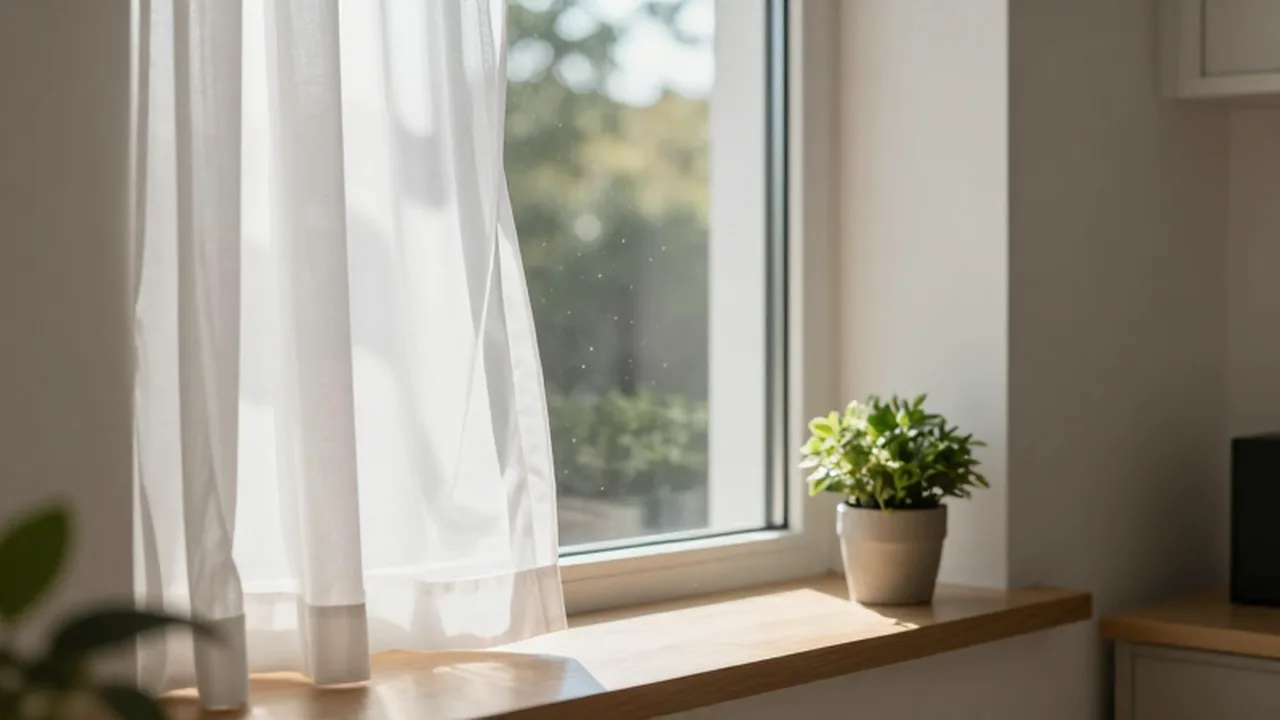Cortinas blancas ondeando suavemente en una ventana abierta con una planta sobre el alféizar de madera.