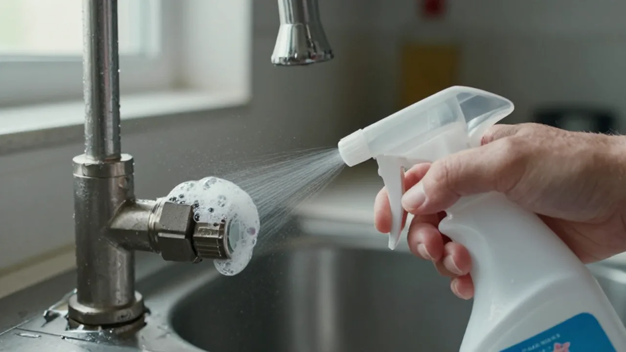 Mano aplicando agua con jabón sobre una unión de tubería metálica para detectar fugas.