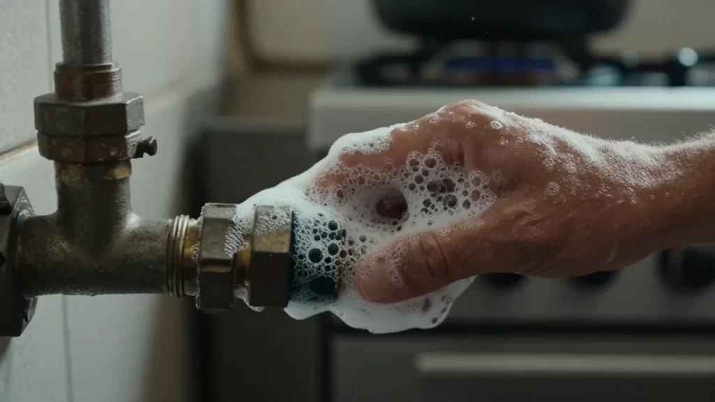 Una mano aplica espuma de jabón sobre una conexión de gas para detectar burbujas de fuga.