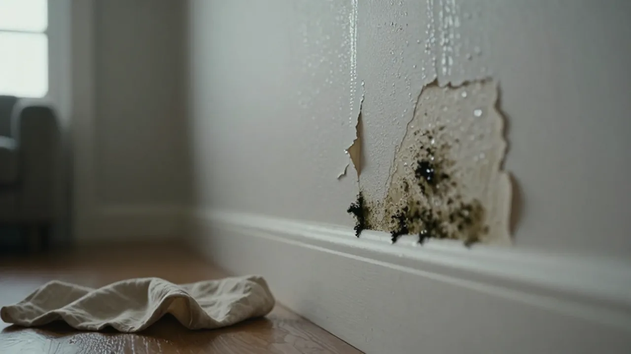 Pared de una sala moderna con papel tapiz desprendido, manchas de humedad y moho negro.