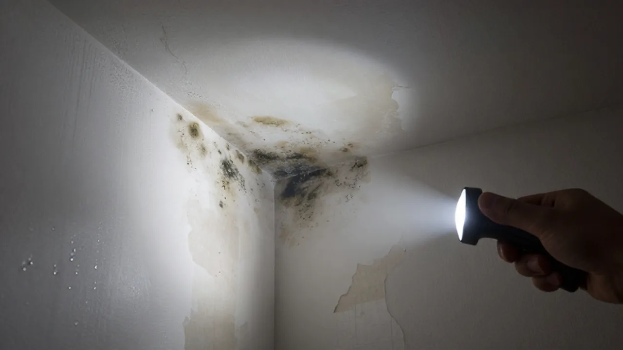 Una mano ilumina con una linterna manchas de moho y humedad en una pared blanca.