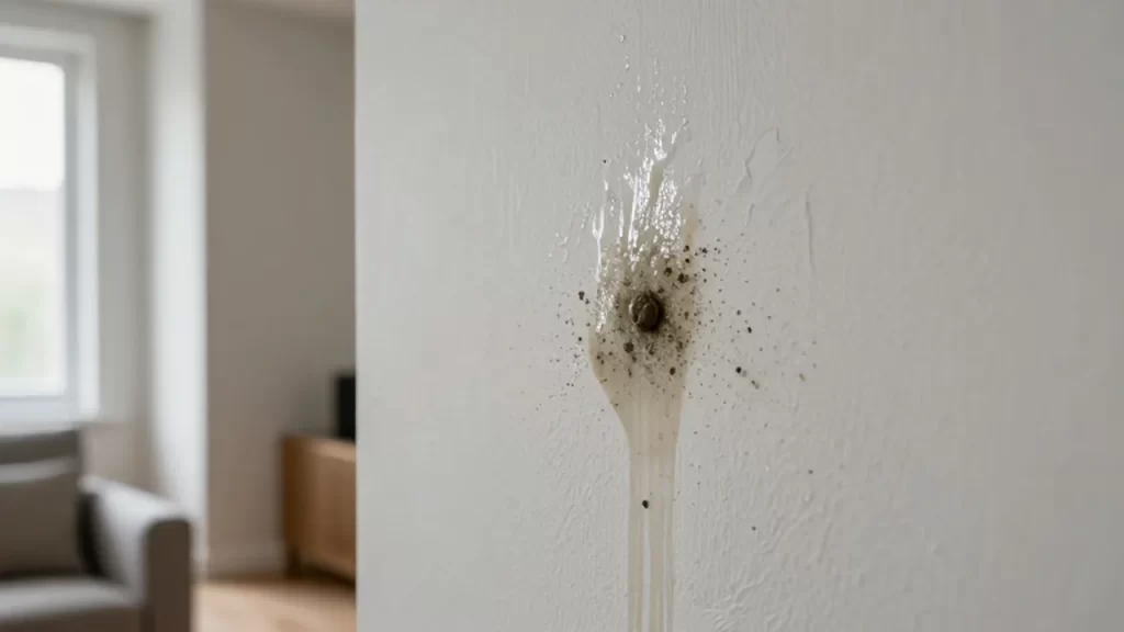 Manchas de moho oscuro y pintura desconchada en la esquina de una pared húmeda.