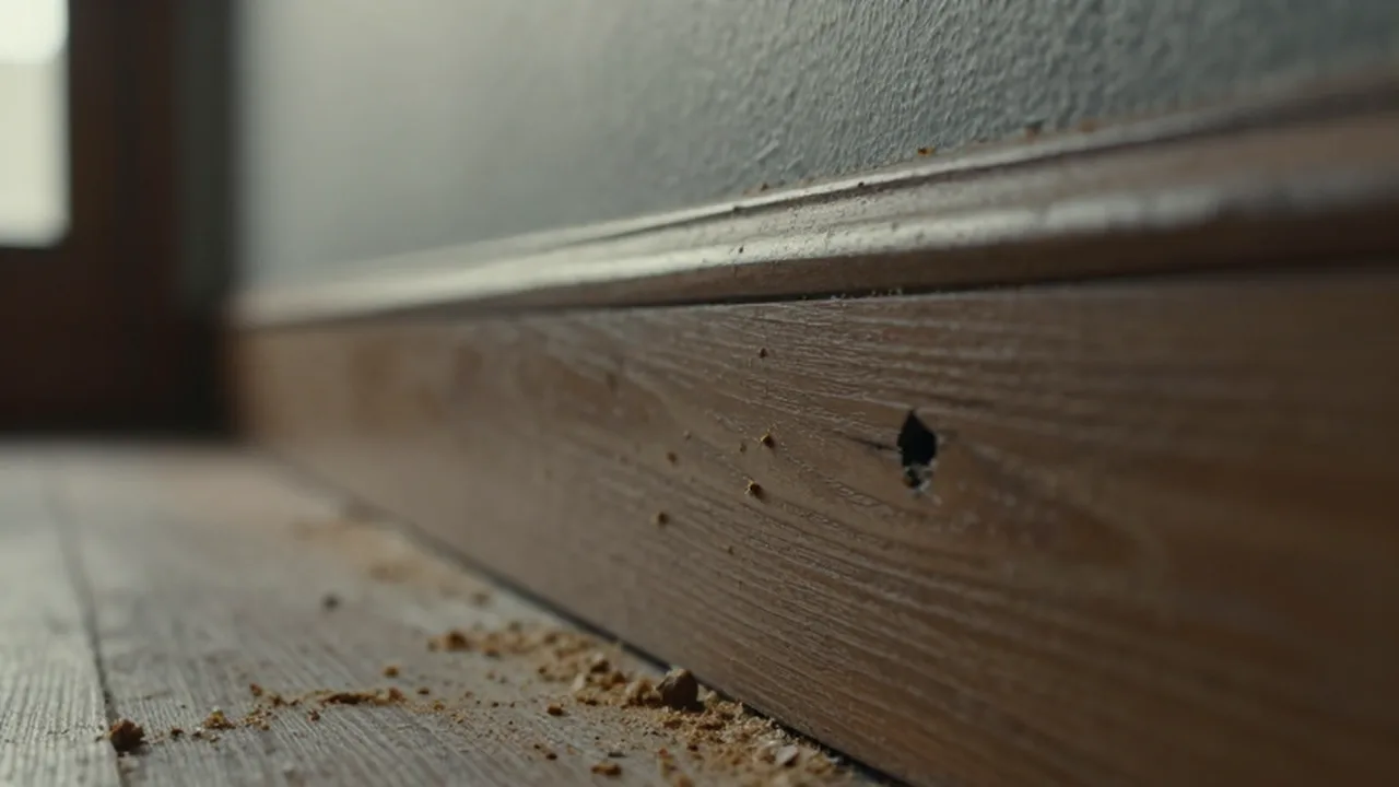 Rodapié de madera dañado con pequeños agujeros de insectos y serrín acumulado.