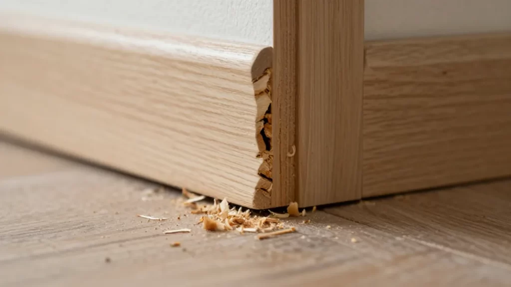 Primer plano de un zócalo de madera con grietas y serrín esparcido por el suelo.