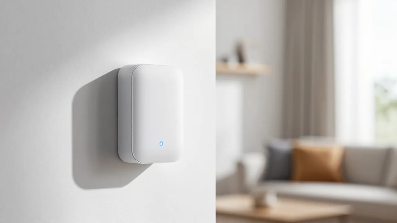 Sensor de seguridad inteligente con luz azul instalado en una pared blanca de una vivienda moderna.
