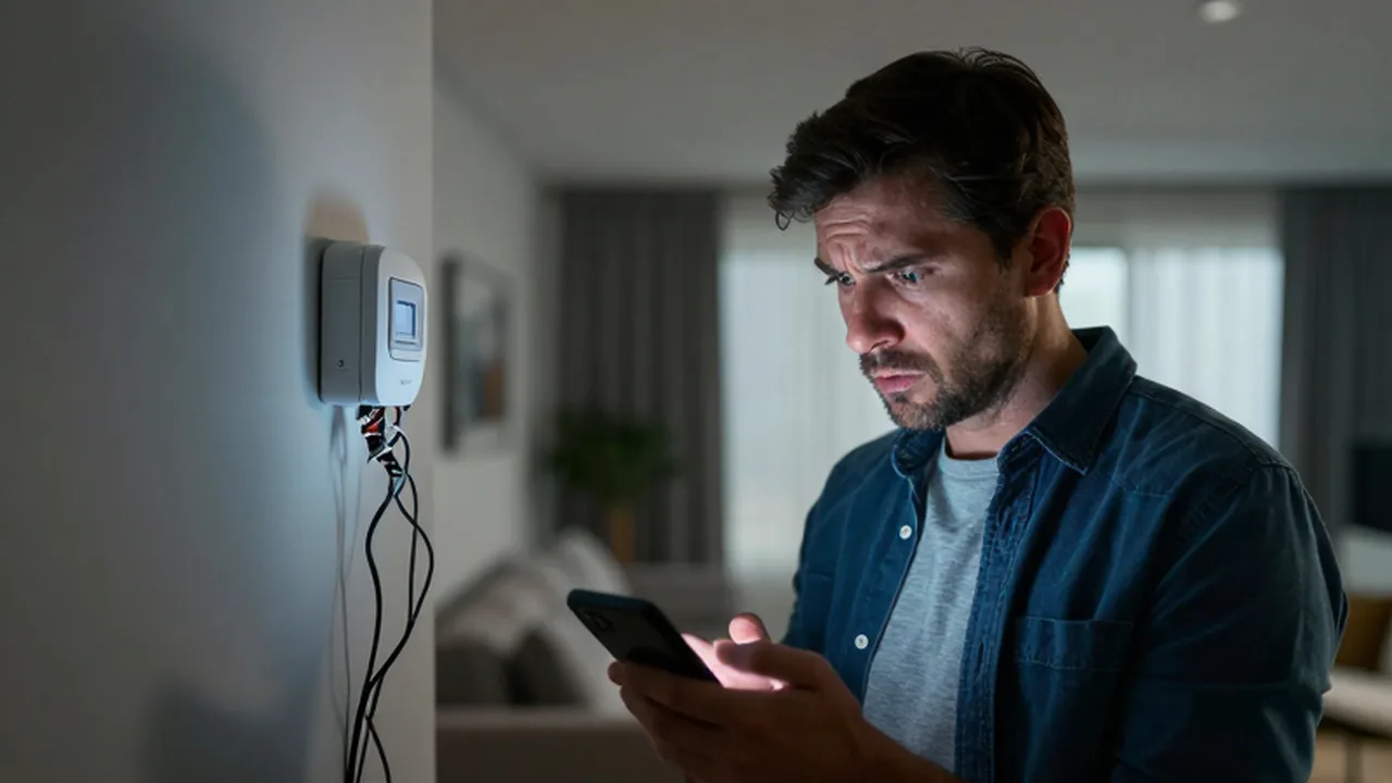 Dueño de casa frustrado mirando un sensor de alarma mal instalado con cables expuestos.