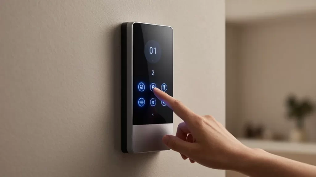 Mano interactuando con el teclado retroiluminado de un panel de seguridad inteligente en una pared.