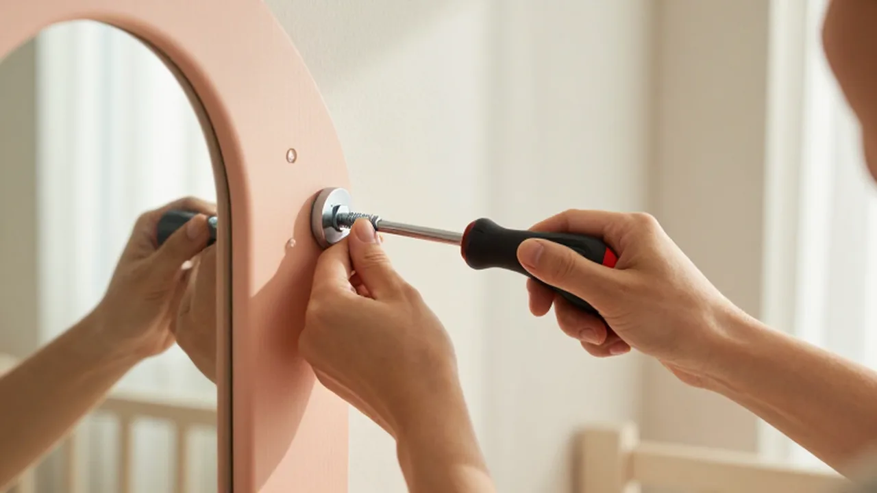 Manos instalando un soporte de seguridad metálico en la pared de una habitación infantil.