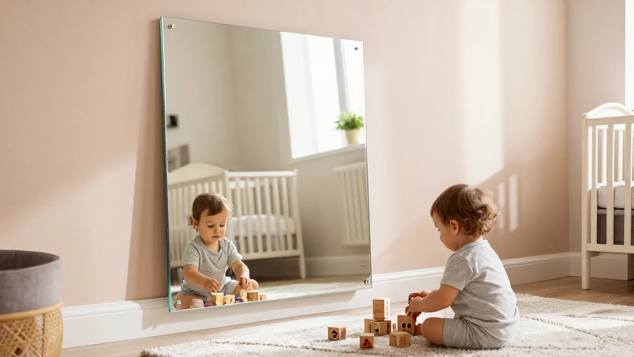 Niño pequeño jugando con bloques de madera frente a un espejo de seguridad en una habitación luminosa.