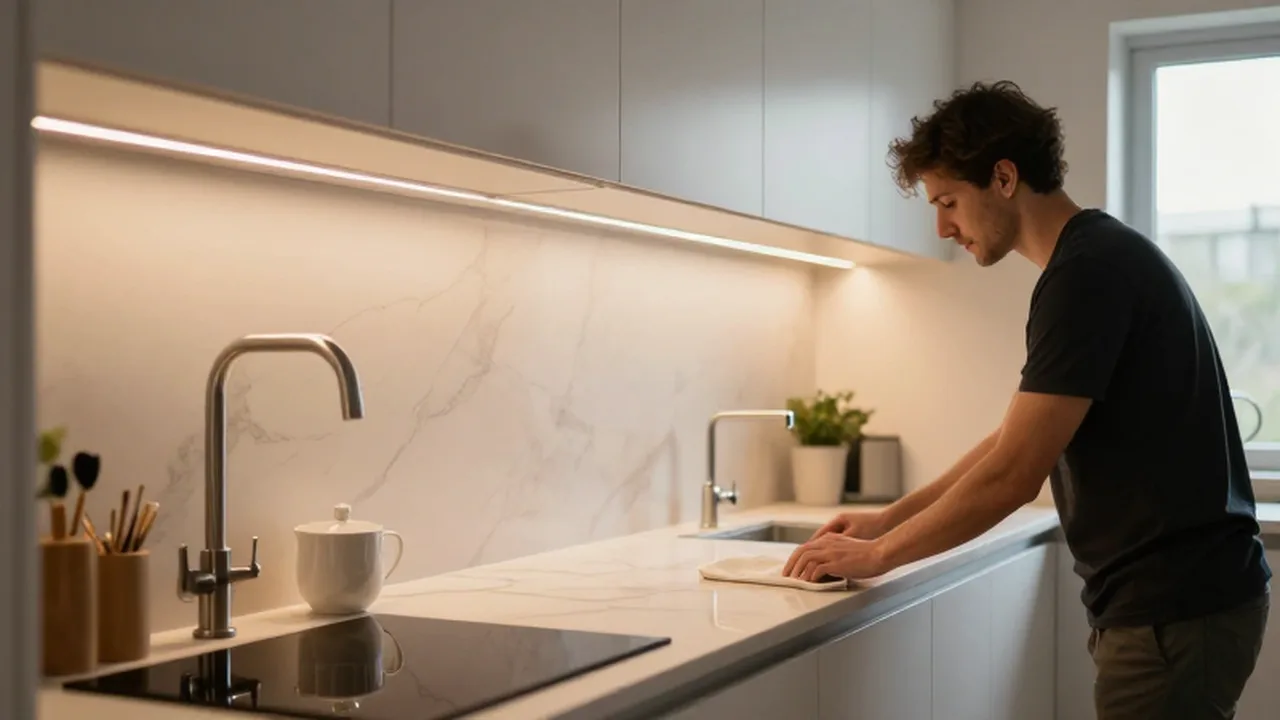 Persona organizando una encimera de mármol en una cocina moderna y bien iluminada.