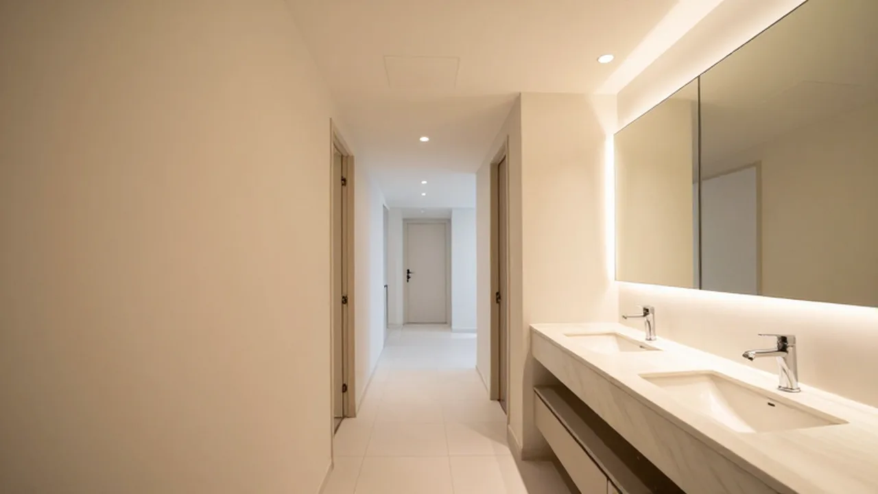 Baño moderno y luminoso con lavabo de cerámica y un pasillo de mármol.