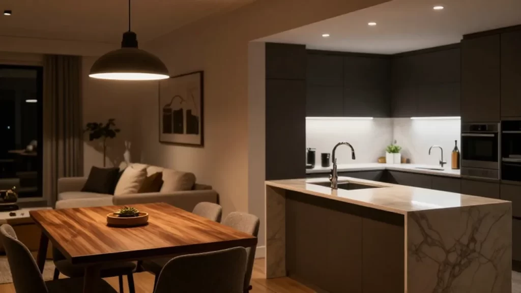 Vivienda de diseño con iluminación cálida sobre una mesa de madera y luz blanca en una encimera de mármol.