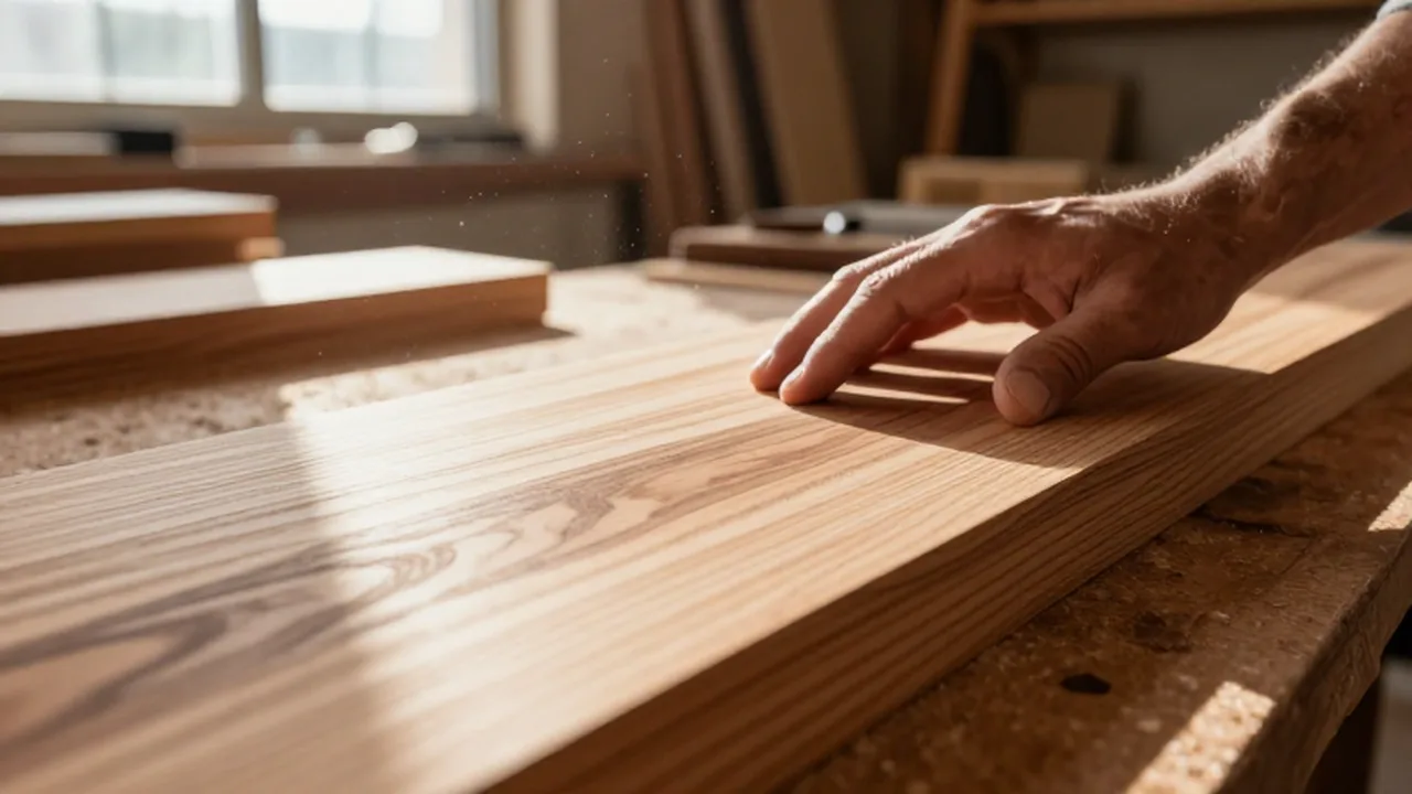 Mano de carpintero inspeccionando la veta y textura de tablas de madera noble.