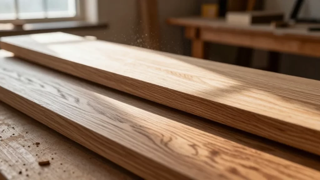 Tablones de madera de roble y teca con vetas naturales en un taller de carpintería.