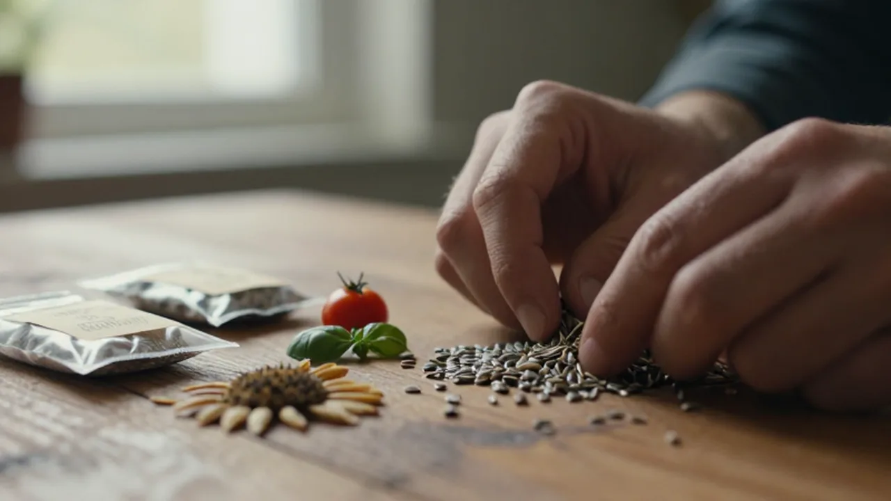 Manos examinando semillas orgánicas de girasol, tomate y albahaca sobre una mesa de madera.