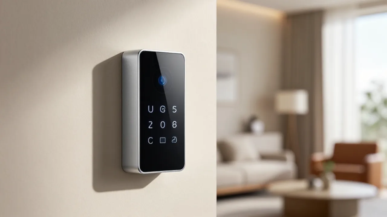 Teclado de seguridad inteligente y sensor de movimiento instalados en una pared de diseño minimalista.
