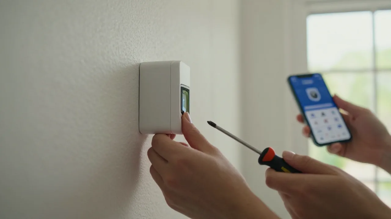 Manos intentando instalar un sensor de seguridad blanco en una pared con una separación visible.