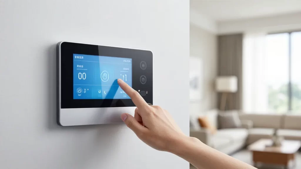 Mano interactuando con la pantalla táctil de un panel de control de seguridad inteligente en un hogar moderno.