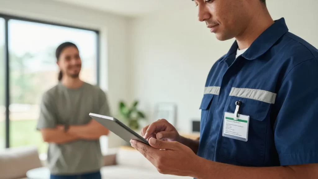 Técnico de servicios con uniforme mostrando una certificación digital en su tableta dentro de un hogar moderno.