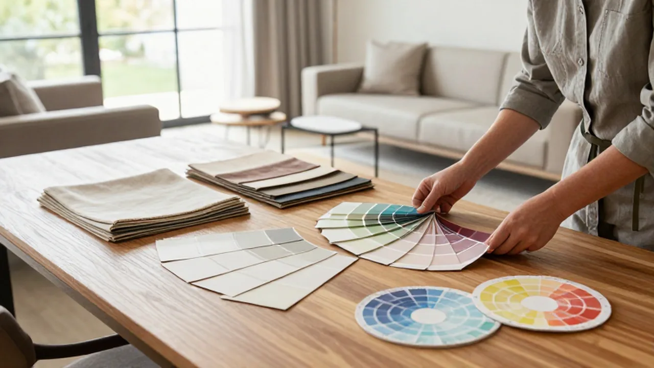 Diseñador de interiores organiza muestras de colores y telas sobre una mesa de madera iluminada por el sol.