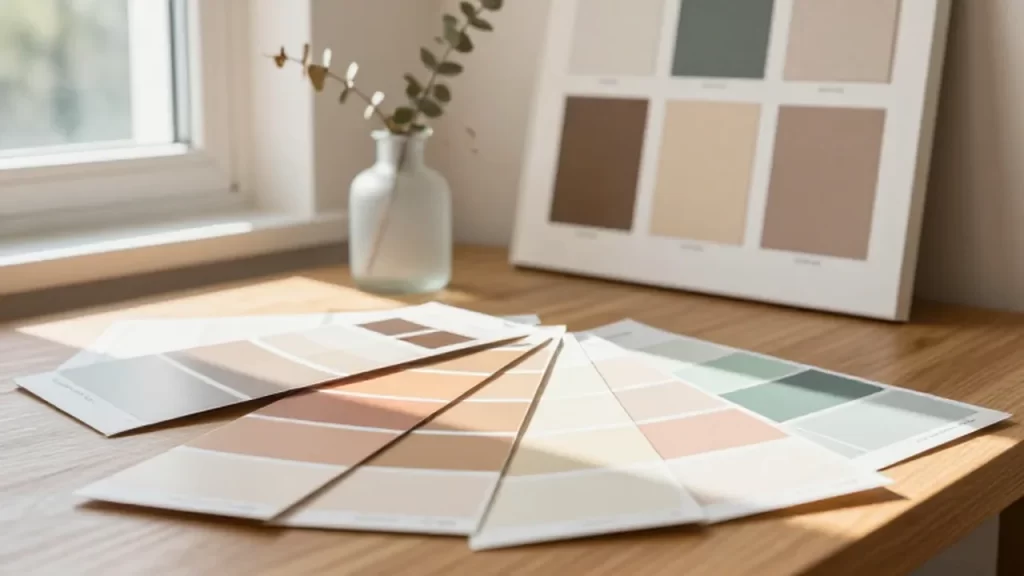 Muestras de colores en tonos tierra y pasteles sobre una mesa de madera con una rama de eucalipto.