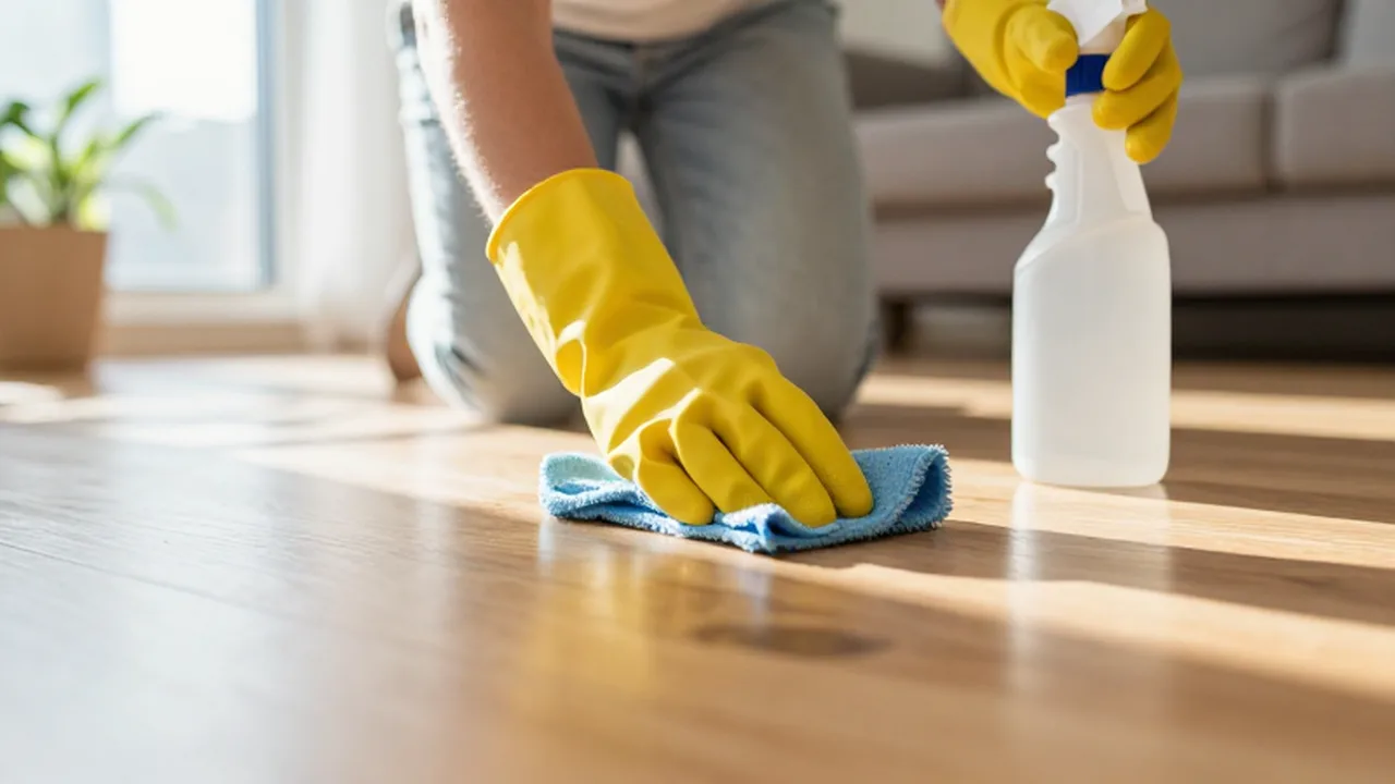 Manos con guantes amarillos limpiando un suelo de madera con un paño de microfibra.