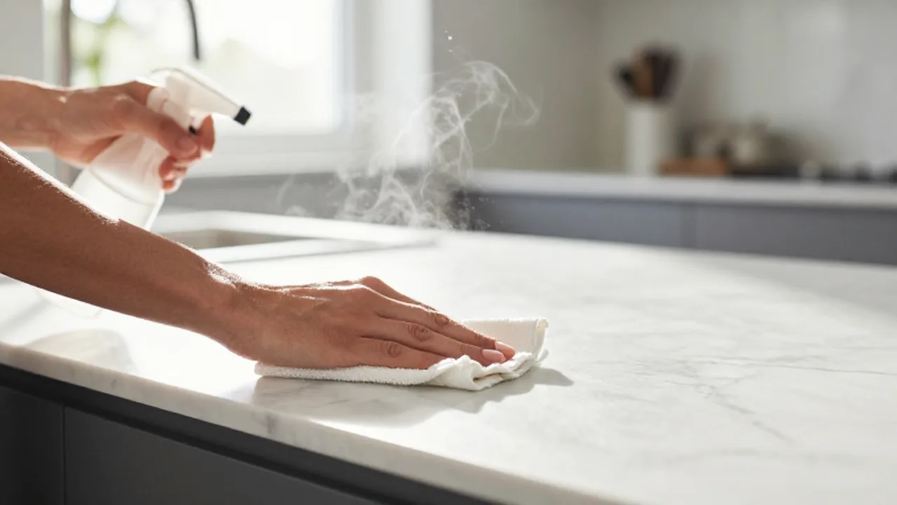 Manos limpiando una encimera de mármol blanco en una cocina luminosa y moderna.