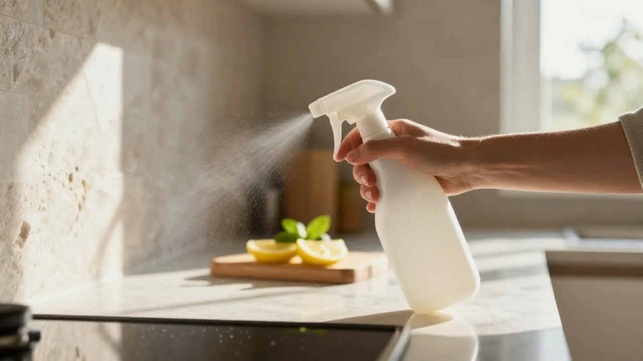 Manos rociando una superficie de cocina moderna con un limpiador natural bajo la luz del sol.
