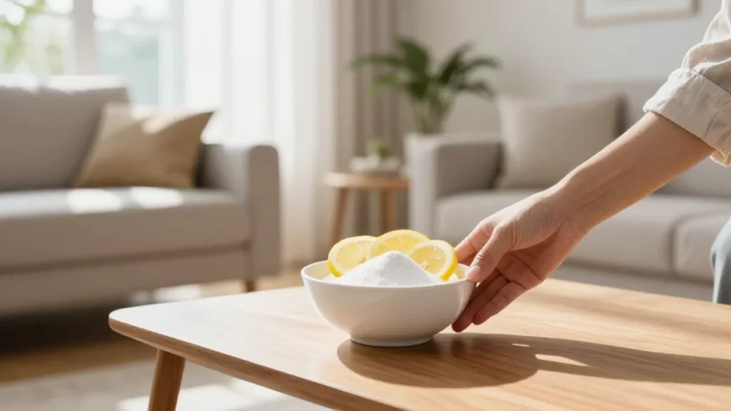 Una mano coloca un cuenco blanco con bicarbonato y rodajas de limón sobre una mesa de madera.